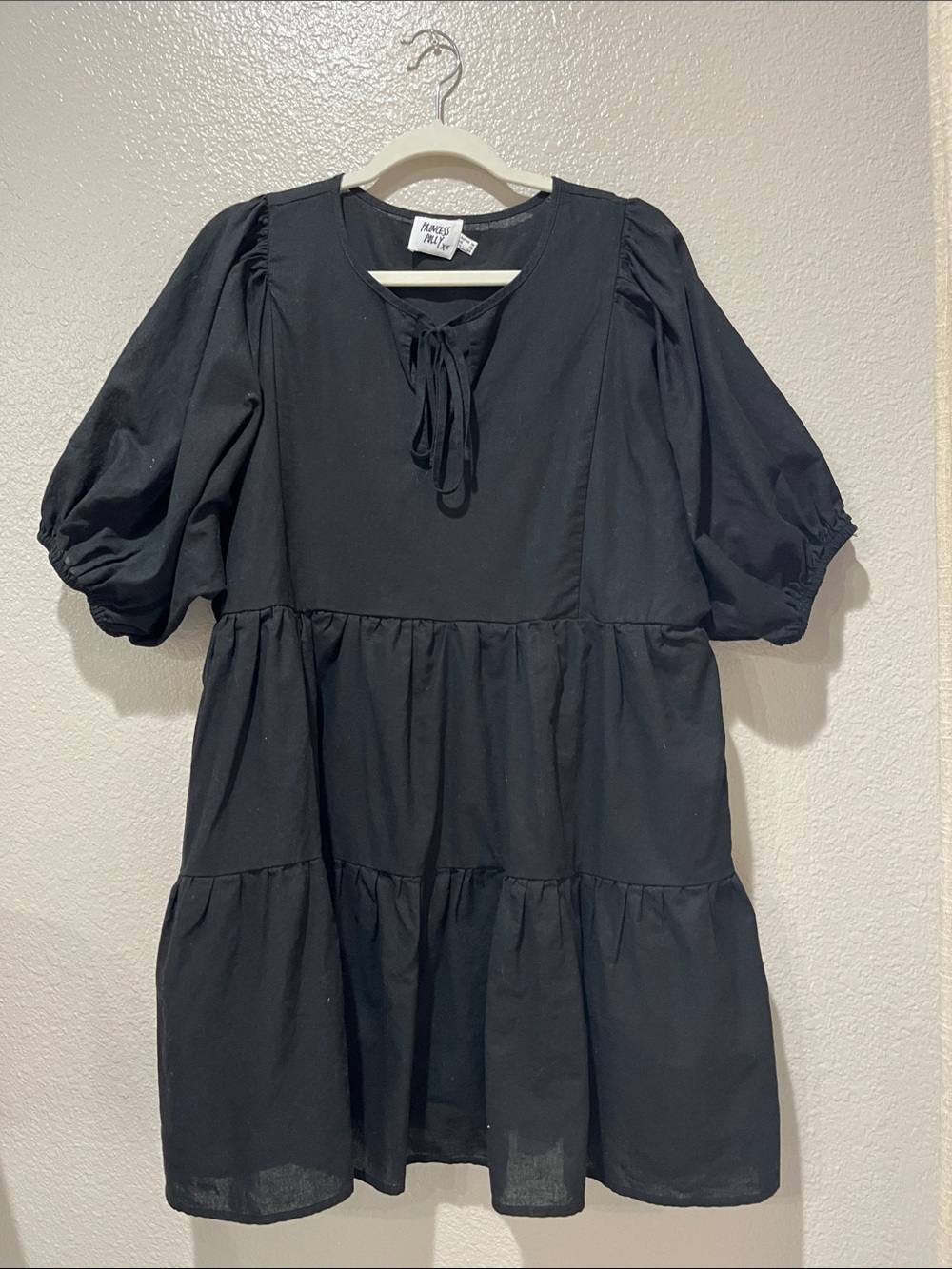 Princess Polly Black Tiered Babydoll Mini Dress Puff Sleeves Sz 12 Boho TC0383